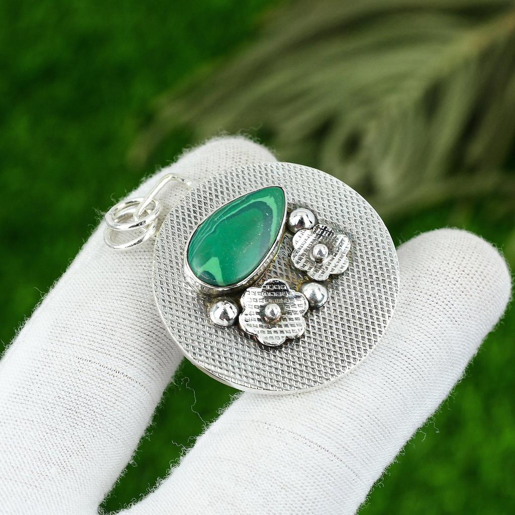 Anniversary Gift For Her Natural Russian Malachite Gemstone Pendant 925 Silver