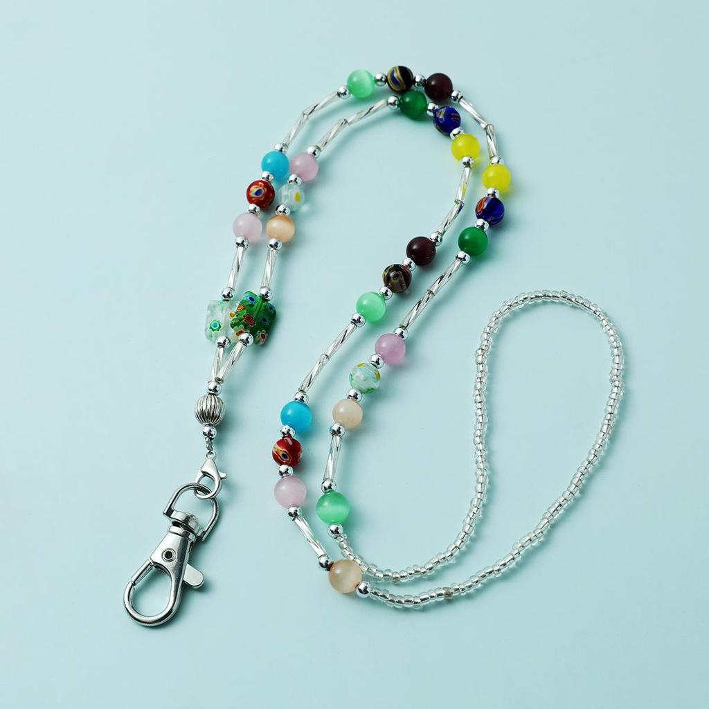 Crystal Stone Lanyard Necklace with Easy-Pull Buckle for ID and Keys