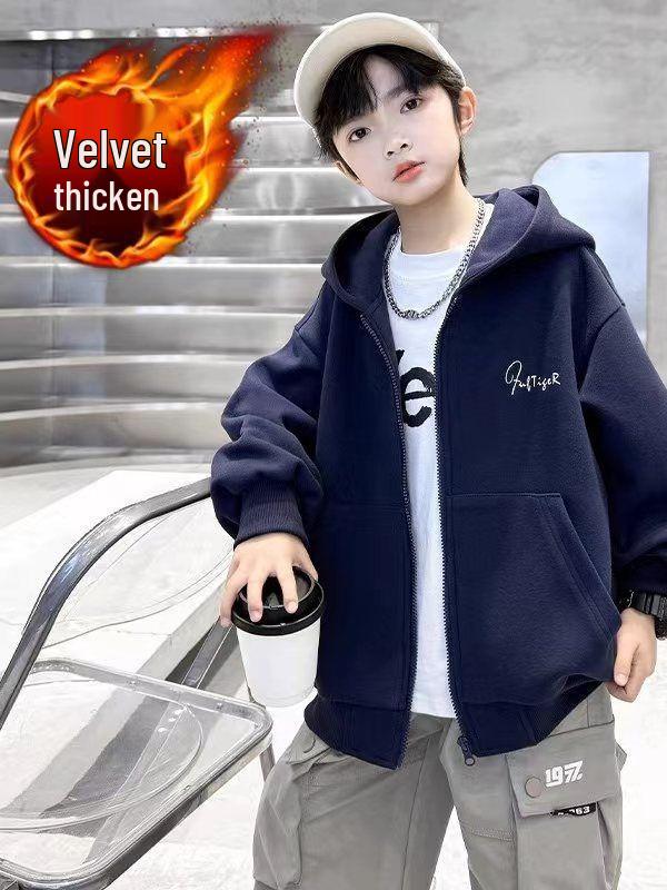 Kids' Trendy Zipper Hoodie: Autumn/Winter Velvet-Lined Loose Cardigan for Boys & Girls