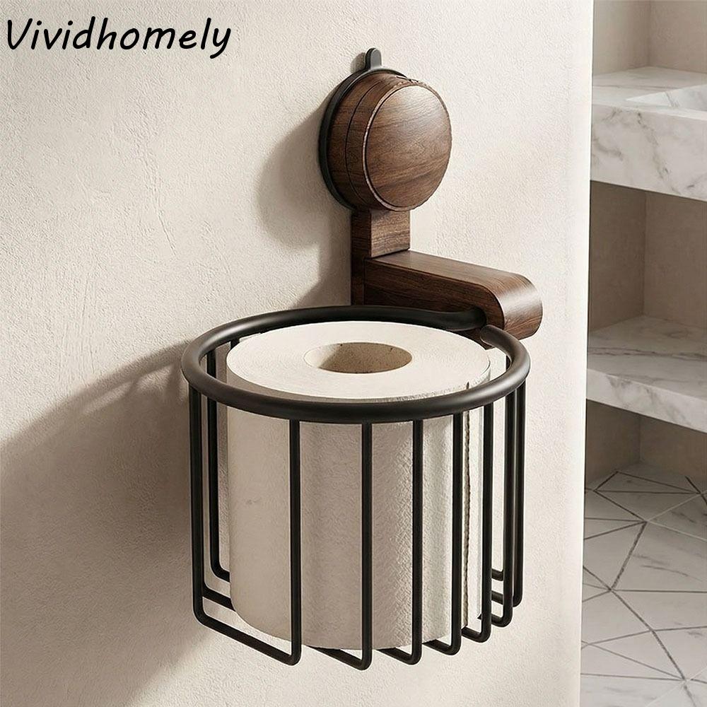 Suction Cup Toilet Paper Holder Walnut Wood Non Perforated Toilet Tissue Basket Wall Mount No Drill Bathroom Storage Rack