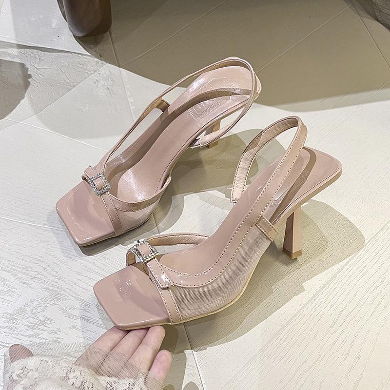 

Fashion 2025 Summer New Retro Square Toe Square Buckle Open-Toe Sandals For Women With A One-Strap French Kitten High Heels 39 абрикосовый