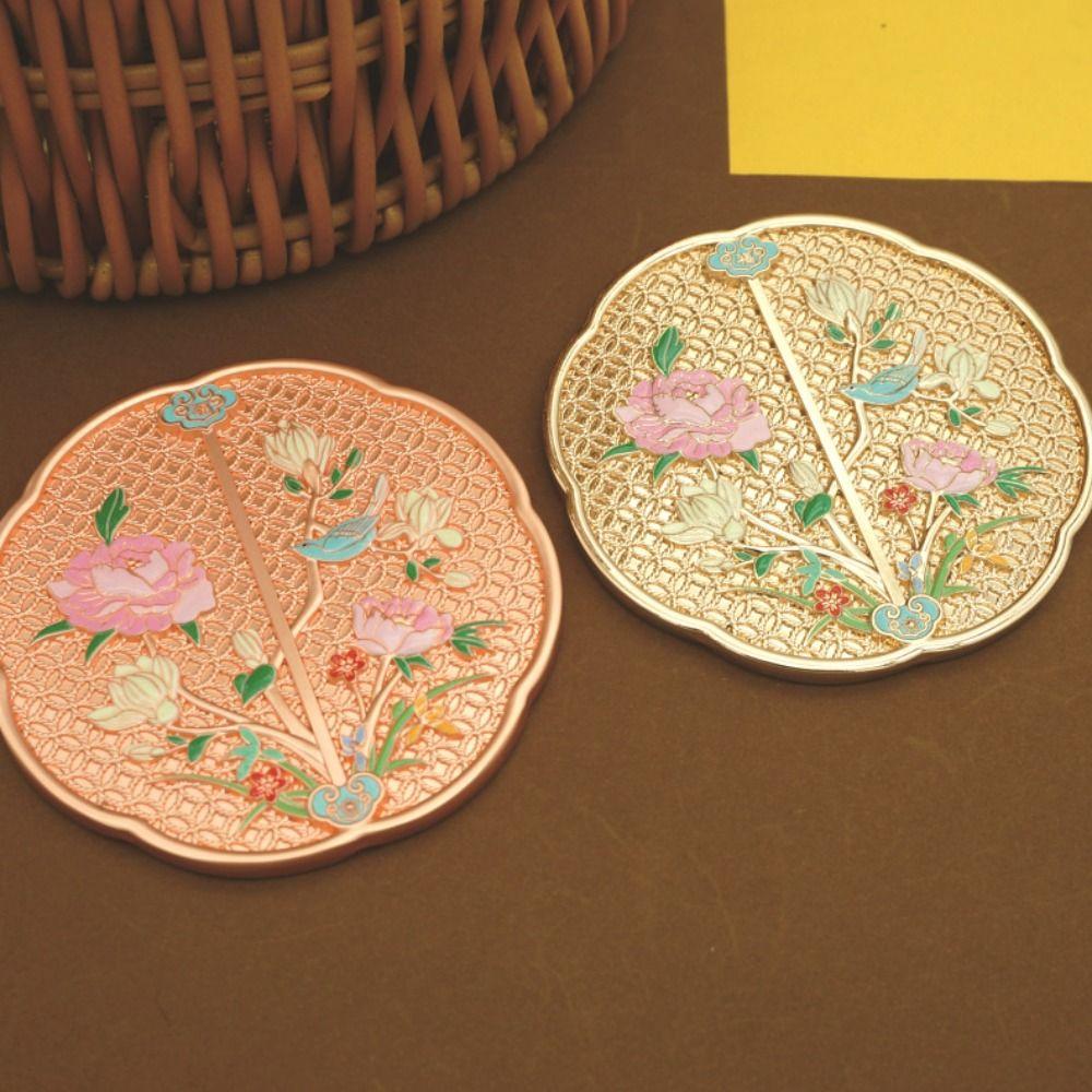 

Vintage Chinese Style Mirror 3D Flower Round Vanity Mirror Portable Handle Makeup Mirror Makeup Gold Handle