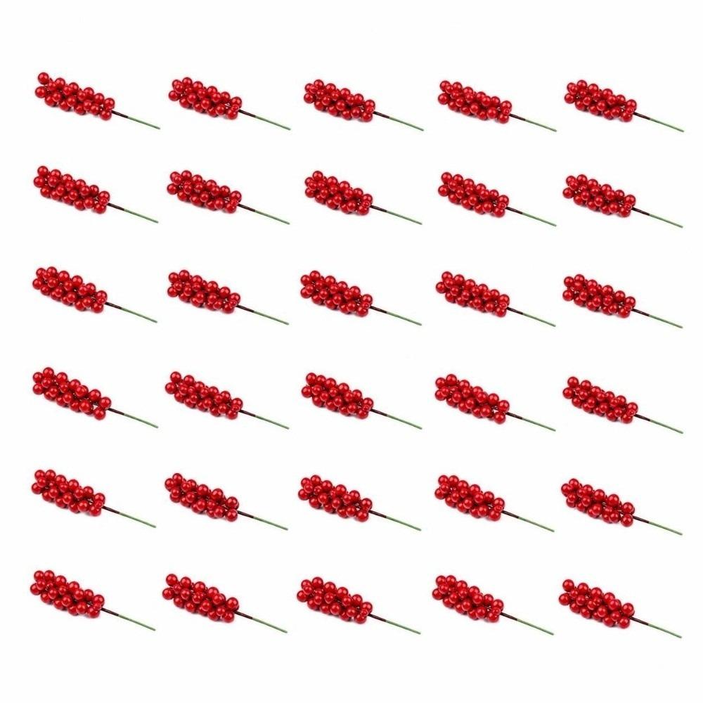 30PCS Flexible Wire Stem Artificial Berry Picks Red Color Red Berry Stem  Christmas Tree Decor