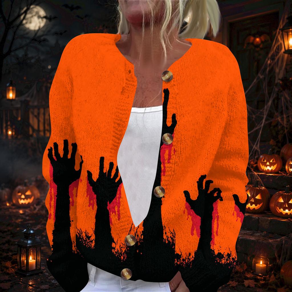 Women's Long Sleeve Halloween Print Cardigan with Button Front for Fall Festive Wear