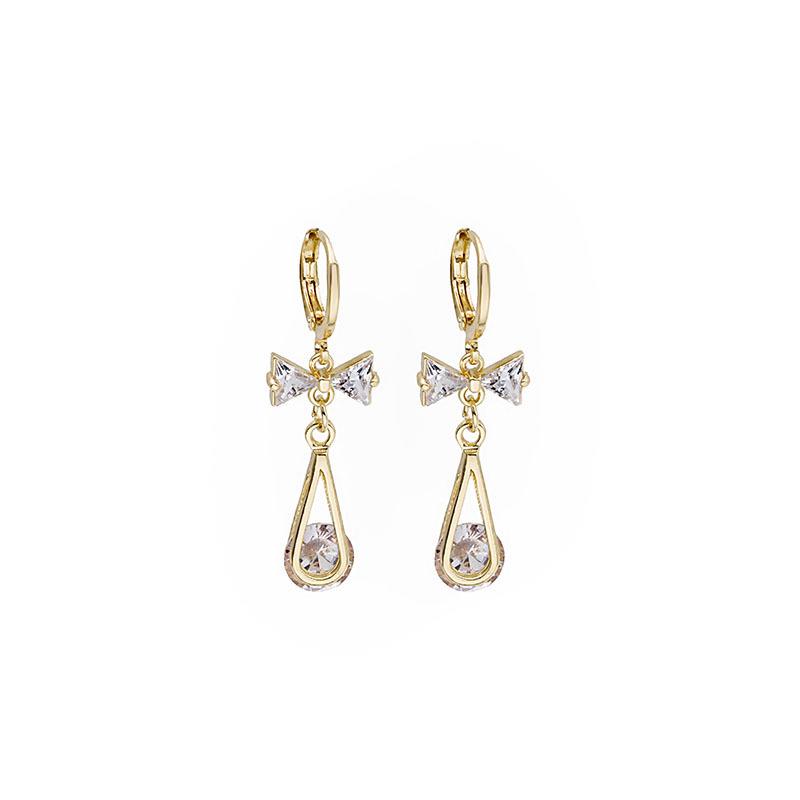 Exquisite Women s Clip-On Earrings with Zirconia Bow, Water Drop Design, and Diamond Paving