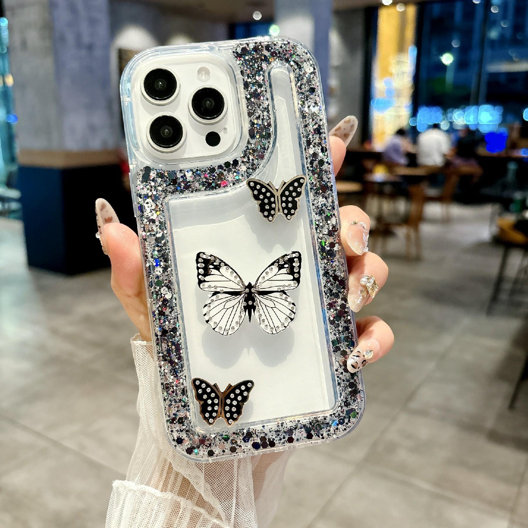 

For iPhone 16 Pro Case with 3 Butterflies Decor Glitter Rhinestone Epoxy Design TPU Phone Cover Black