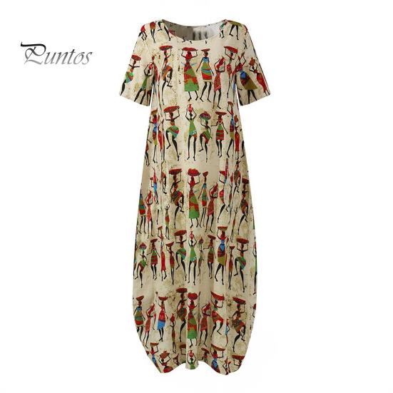 Women's Summer Casual Maxi Dress Loose Short Sleeve Crew Neck Long Dress Beach Ethnic Printed Sundresses
