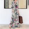 Women's Collar Long Sleeve Maxi Dress Loose Waist Floral Print Linen Shirt Dress