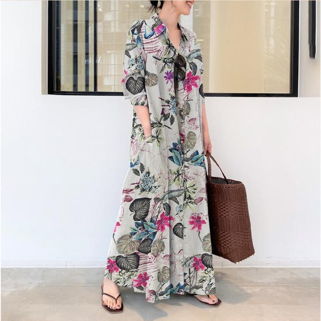 Women's Collar Long Sleeve Maxi Dress Loose Waist Floral Print Linen Shirt Dress