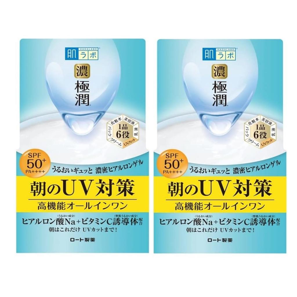 Gel UV blanc Hada Labo Gokujun, lot de 2 gels 90 g, sodium, vitamine C, tout-en-un (SPF50+, PA++++, hyaluronate, dérivé)