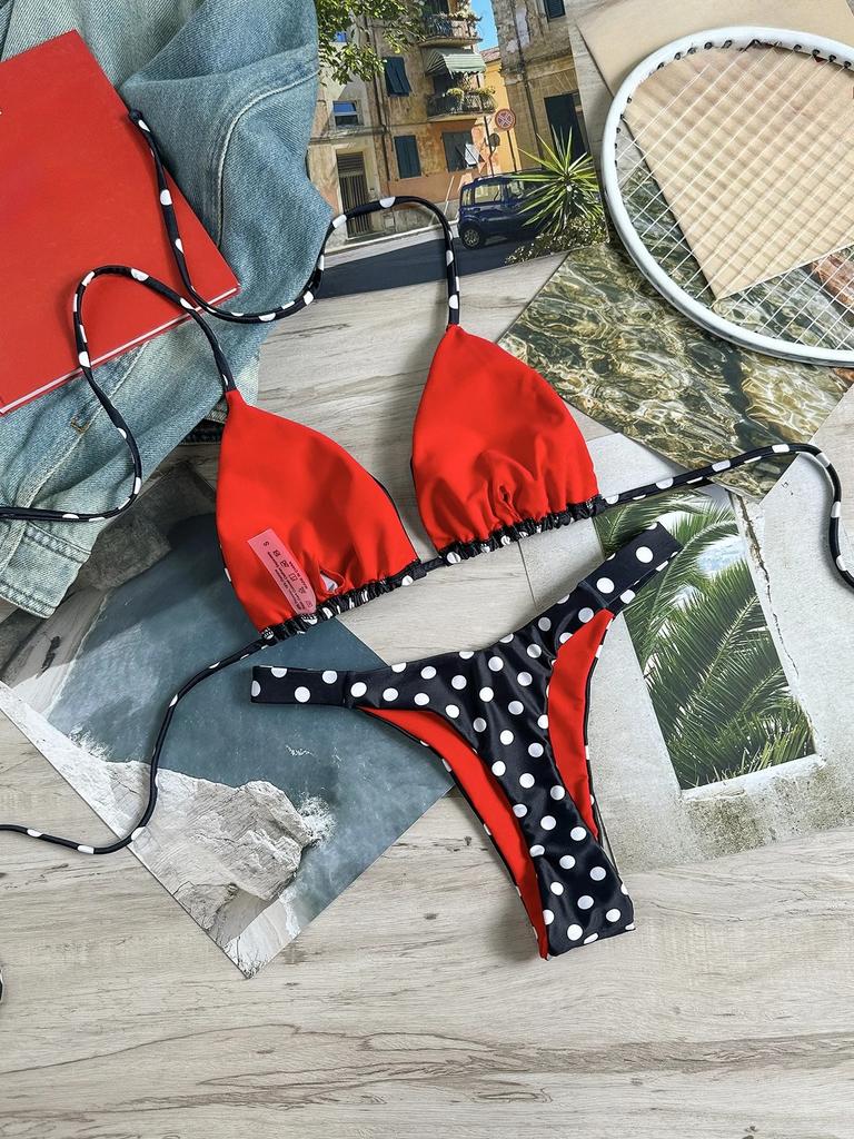 Sexy Black Polka Dot Print Micro Bikinis Sets Two Pieces Halter Back Tie Thong Swimsuits Bathing Suit Swimwear Biquini Tankini