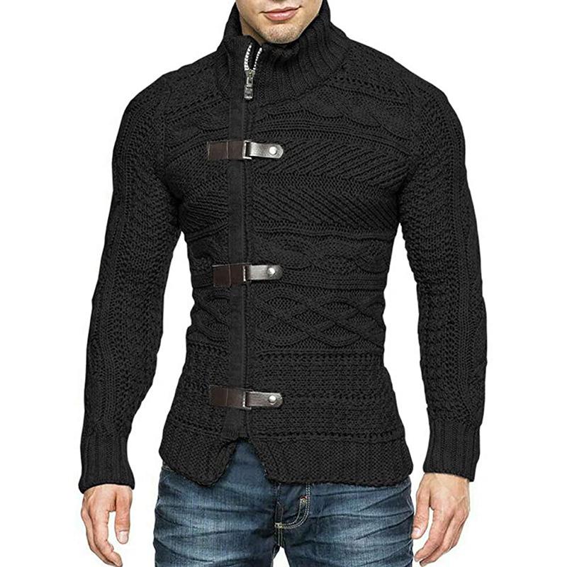 2025 Autumn/Winter Men's Plus Size High Neck Sweater Cardigan with Leather Buckle - European & American Style Long Sleeve Knit Coat