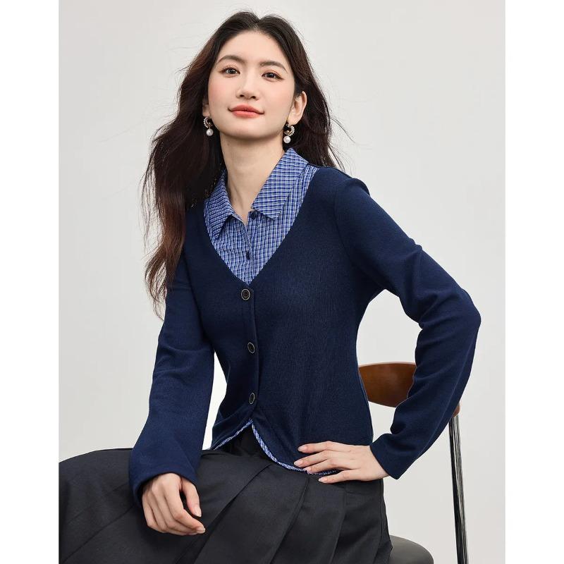

Women s Plaid Collar Faux Two-Piece Knit Top with Button Front Casual Cotton Blend Blouse M синій