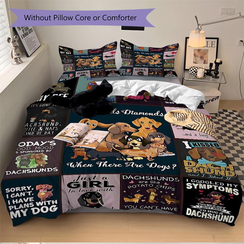 

3PCs Dachshund, Dog Lover Design Cover Set, Breathable Fabric, Machine Washable (1 Duvet Cover + 2 Pillowcases) (Without Quilt) yy250911104 135x200cm
