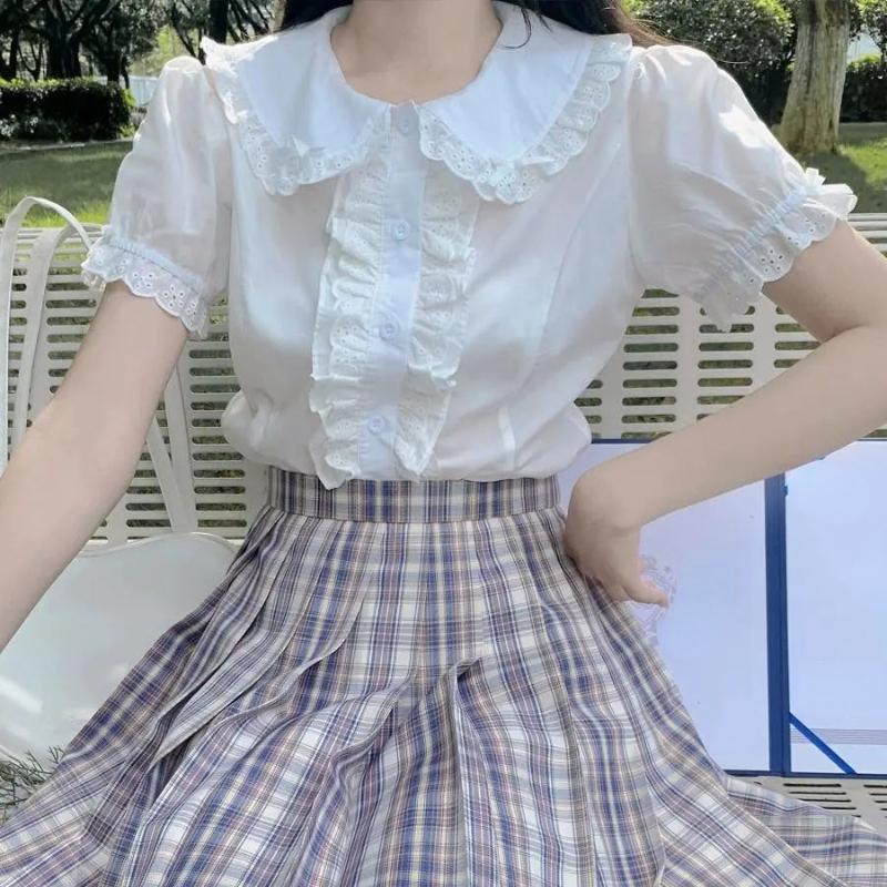 Deeptown Kawaii Lolita Blusen für Damen, weiß, süße Spitzentops, Rüschenhemden, Vintage, Puffärmel, japanischer Preppy-Style, süße Tops