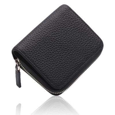 Damplånbok med vikning och dragspelsfack för kort (Svart) Äkta Läder Skimming-skydd Rund Dragkedja Myntplånbok Sedelfack Stor