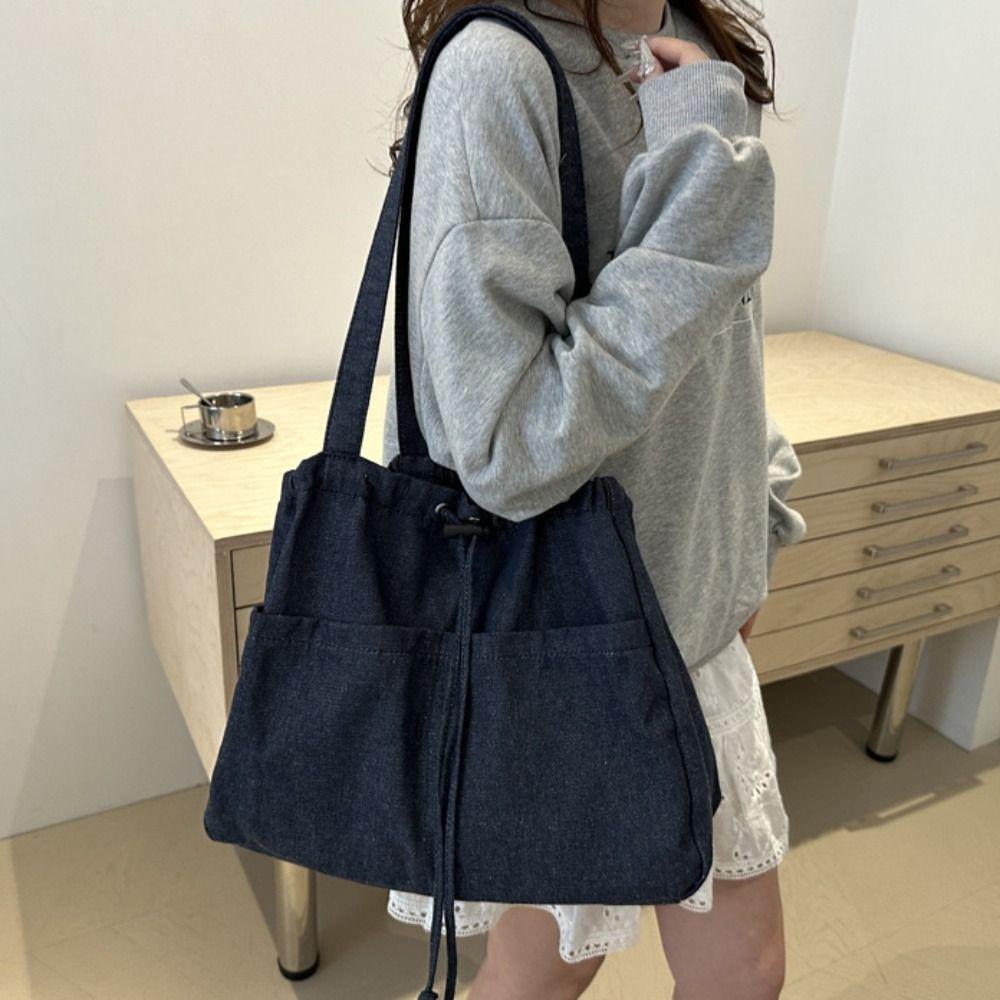 Large Capacity Denim Tote Bag Leisure Canvas Bucket Bag Oxford Drawstring Shoulder Bag Students