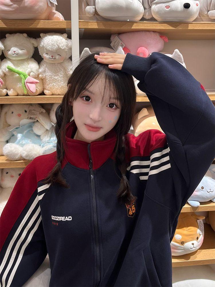 Women American Color Block Stripe Embroidery Stand Collar Zip Up Sweatshirt Jacket Spring Autumn Loose Casual Outerwear