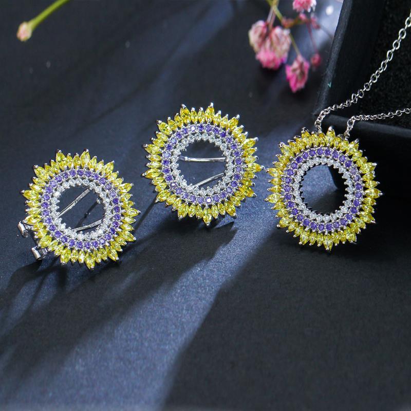 WWJ 2PCS Elegant Sun Shape Cubic Zirconia Earrings Necklace Sets
