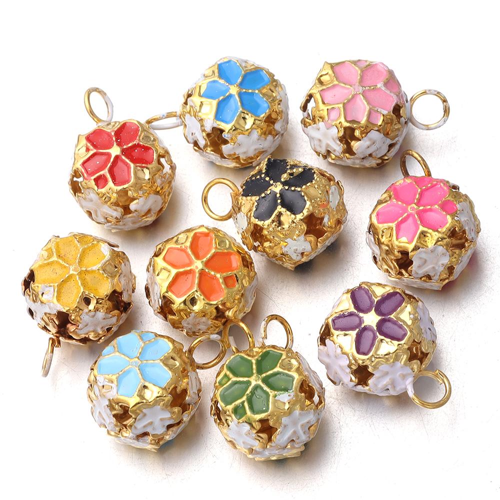 

10pcs 14mm Metal Enamel Flower Ball Bell Charms Colorful Hollow Out Bell Pendant For Jewelry Making DIY Necklace Phone Key Chain