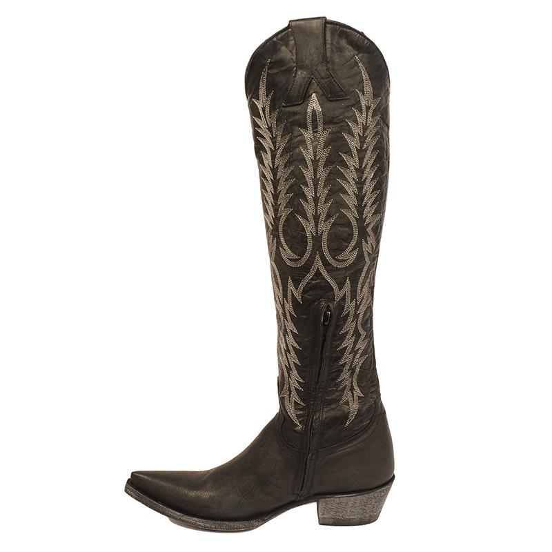 Women Knee-High Modern Boots Square Heel Pointed Toe Embroidered Long Boots Large Size Low Heels Women Shoes Retro Red Brown
