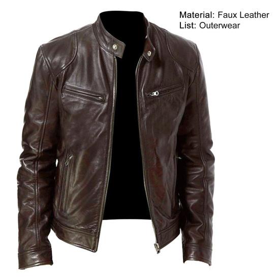 Solid Color Zipper Closure Men Jacket Faux Leather Stand Collar Multi Pockets Motorcycle Windbreaker Outerwear