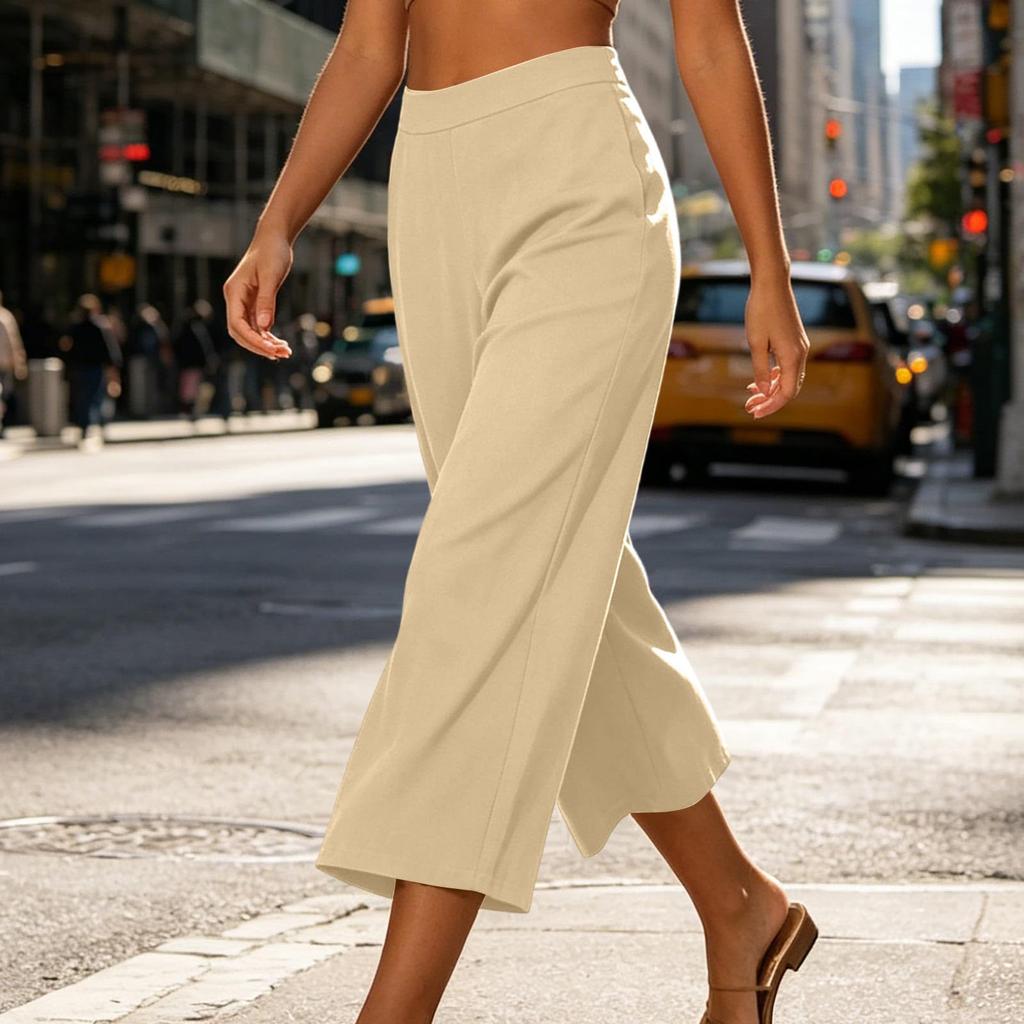 Women's Color Elastic Waist Loose Fit Wide Leg Casual Pants for Daily Wear