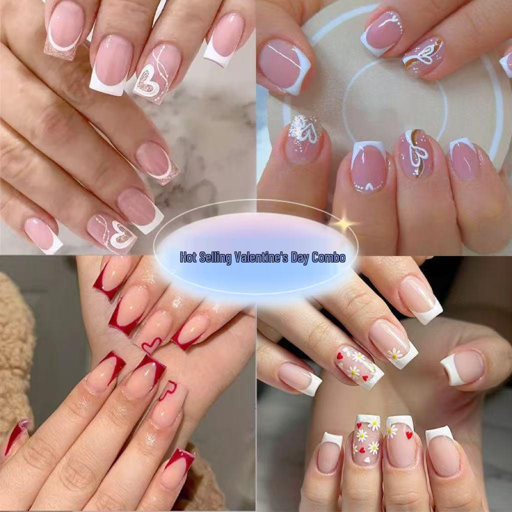 Valentine's Day Heart & Stripe Nail Art Stickers - Short Press-On French Manicure