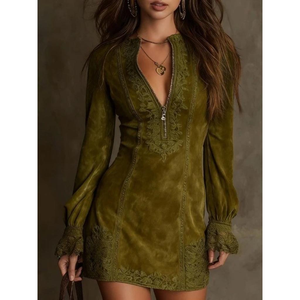European American Women's Dress, V Neck Long Sleeve Loose Embroidered Dress, Zipper Lace Splicing Casual Dress