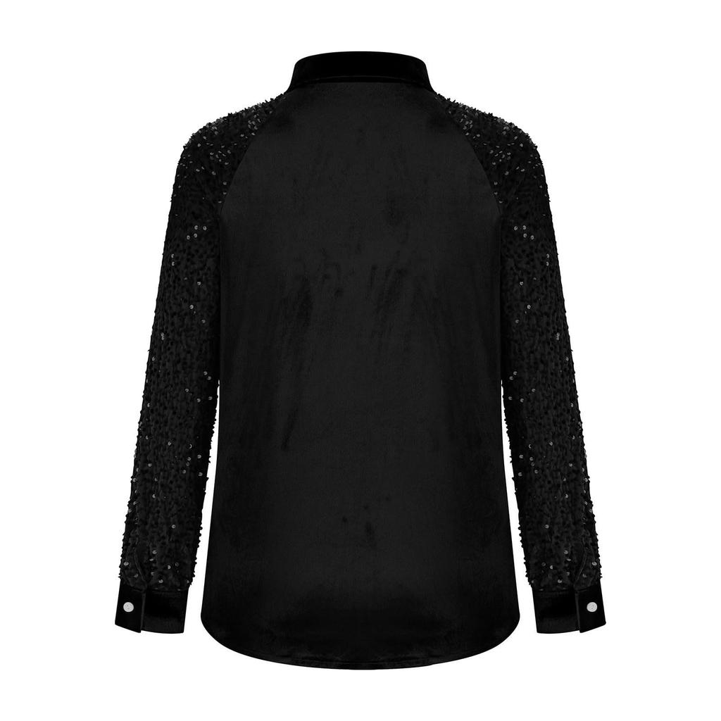 Damenmode Einfarbig Kragen Langarm Knopf Glitzer Gold Samt Gespleißtes Hemd Oberteil