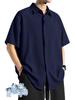 [Minesam] Men's Cotton Linen Shirt, Short Sleeve, Cool, Summer Wear, Relaxed Fit, Plus Sizes (Navy, L)