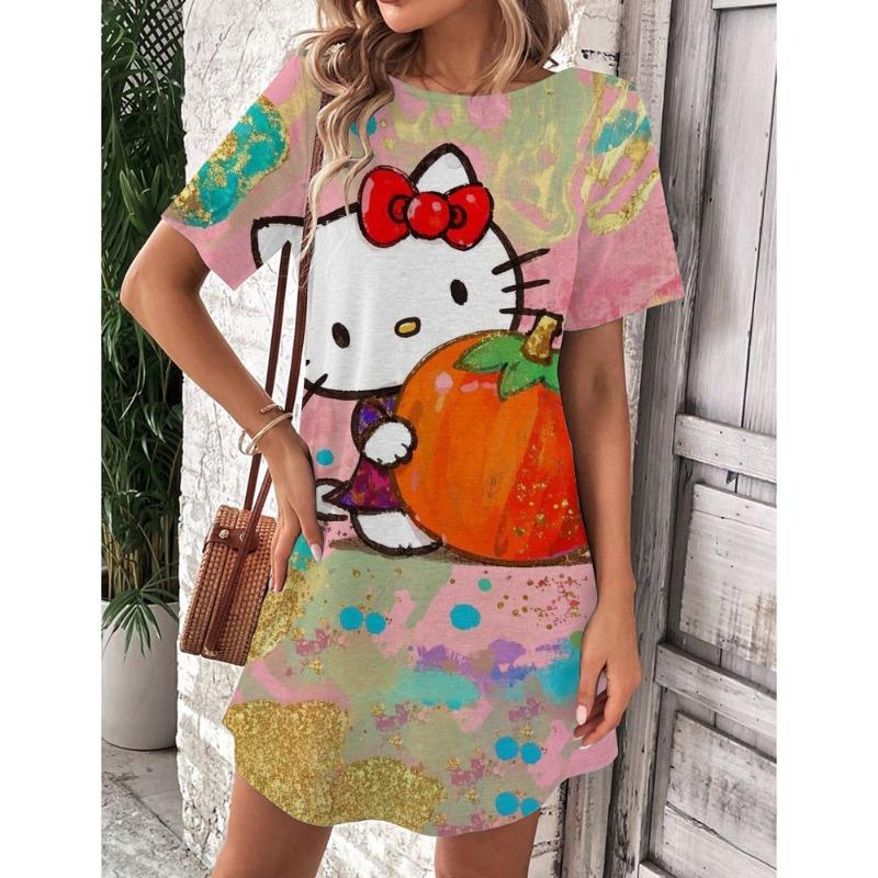 Mini Sukienka Elegancka Sukienka Damska Hello Kitty Okrągły Dekolt Krótki Rękaw Modna Lato 2025 Moda Seksowna