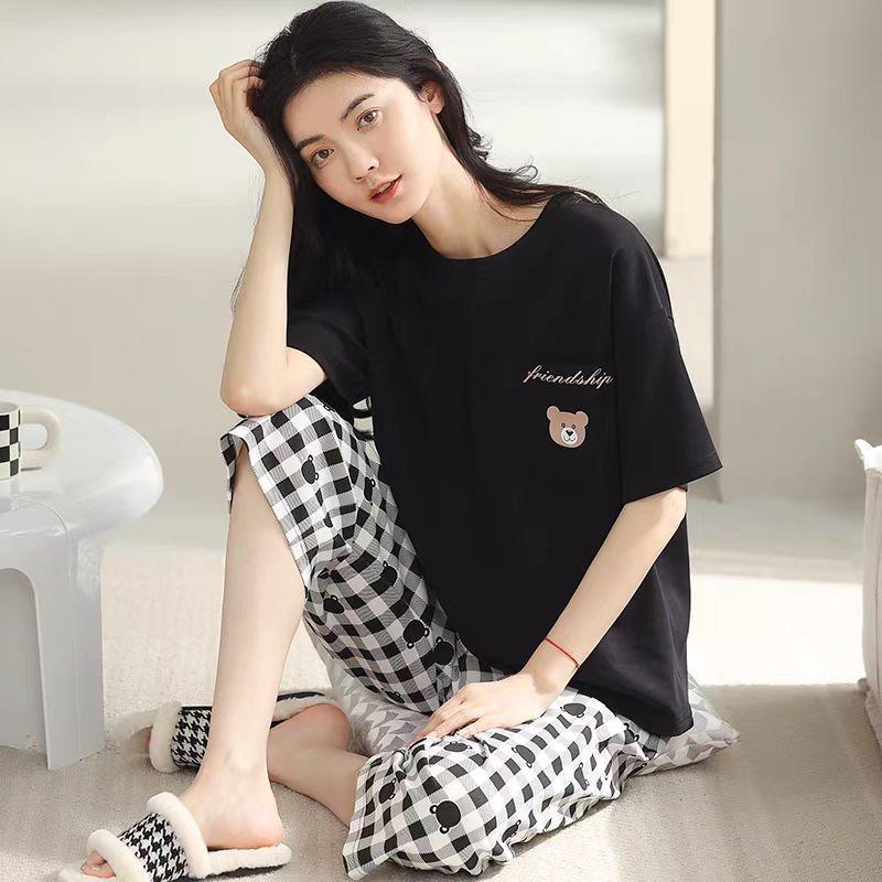 Pajamas Women's Summer, New Spring and Summer Short-sleeved Cute Loose Cropped Pants Loungewear Two-piece Set Summer
