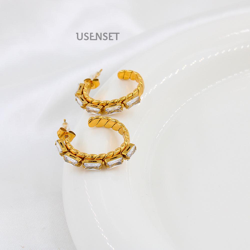 Fashionable C-Shaped Zircon Earrings: Stainless Steel Hip Hop Studs for Women