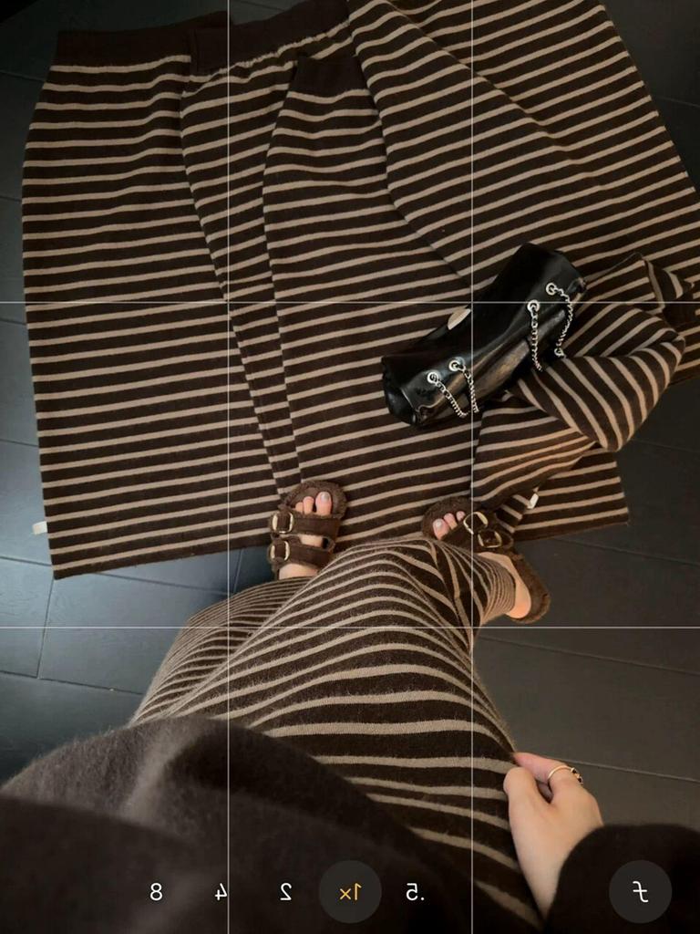 Women's High Waist Color Block Striped Midi Skirt - Winter Korean Style