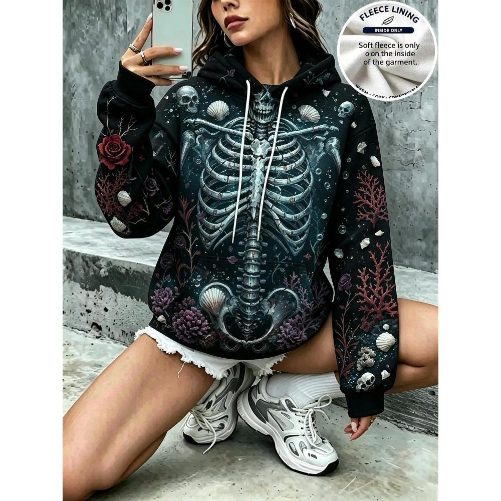 Women Black Gothic Skeleton Red Purple Rose Floral Print Hoodie Warm Fleece Lined Drawstring Pocket Pullover