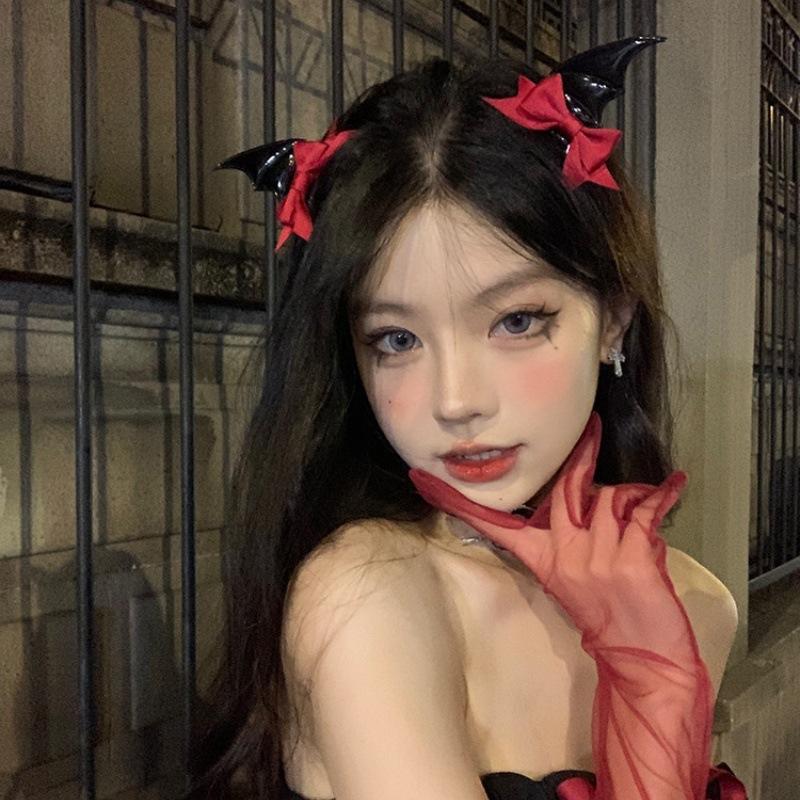 Gothic Dark Demon Bat Hair Clip Y2K Funny Bow Design Halloween Cos Photography Decor Headdress