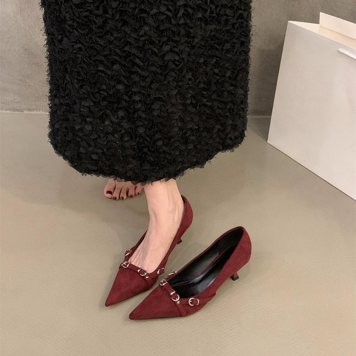 

Женские туфли на высоком каблуке с острым носком, новые весенне-осенние, замшевые туфли-стилет для офиса, под юбку 40 бордовый