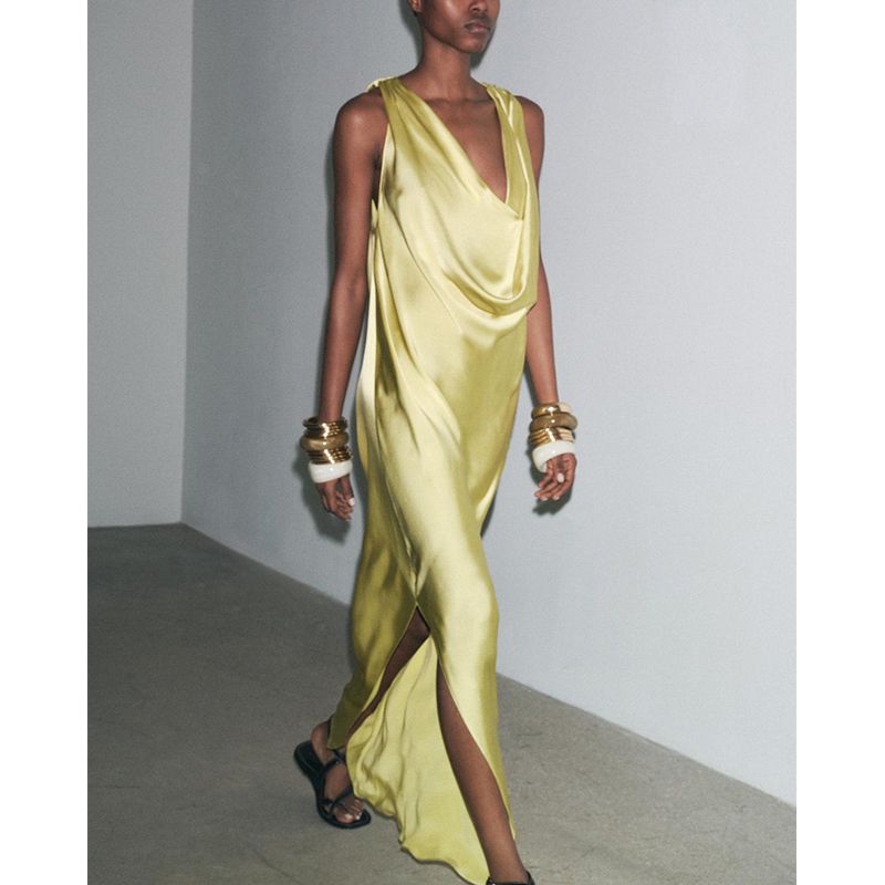 Summer New Product Women's Clothes French Design Draped Collar Open Back Silk Satin Texture Sleeveless Dress 3067381