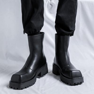 Marques de Mode Hommes Haut Dessus Bout Carré Chaussures en Cuir Semelle Épaisse Imperméables Chaussures Thermiques Chaussures de Ville à Plateforme Noires Chaussures de Travail