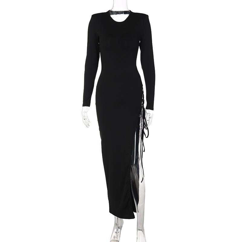 Bandage Long Sleeve Sexy Backless Maxi Club Party Split Dresses S-L