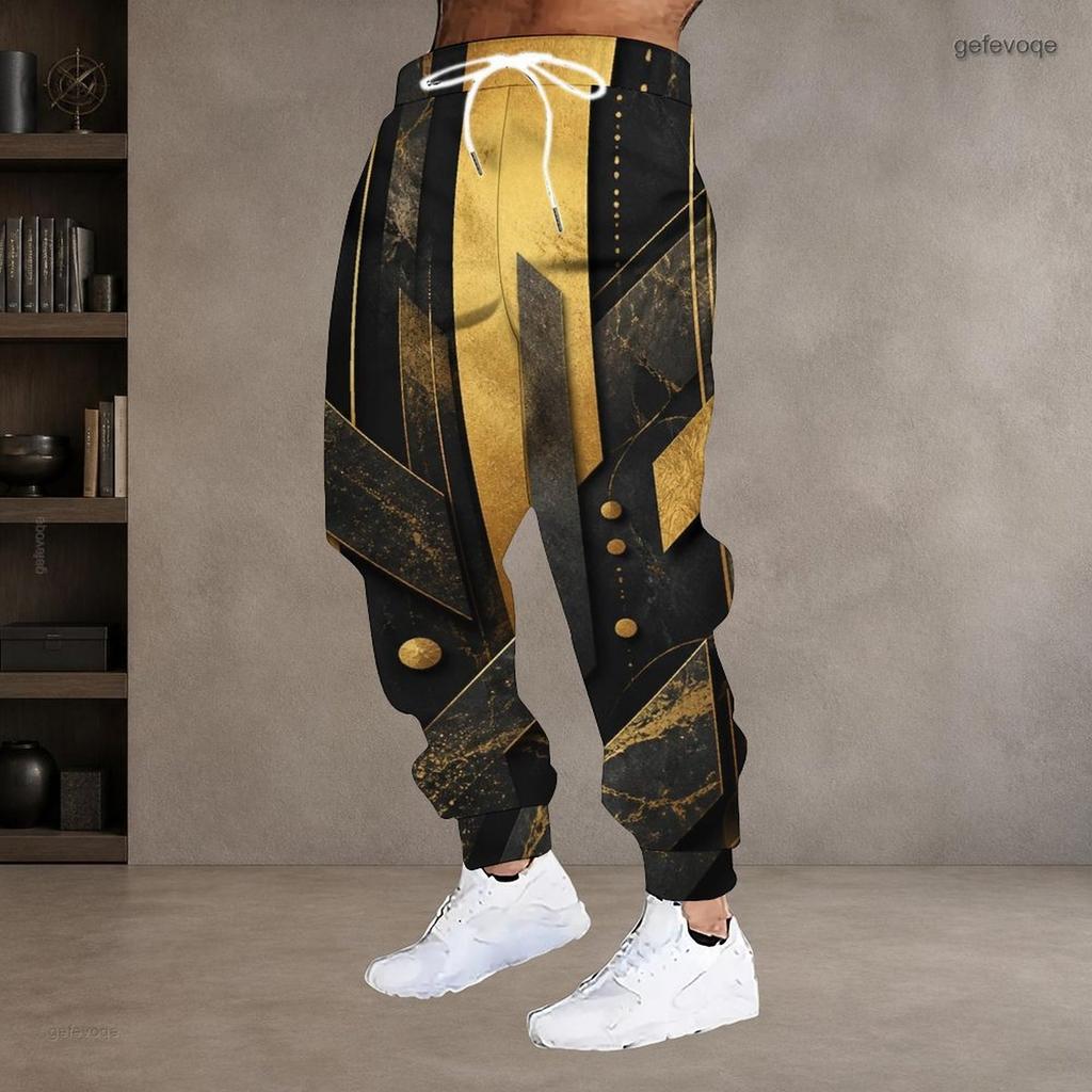 Men S Plus Size Geometric Printed Jogger Pants Black Gold Silver Drawstring Waist Side Pockets Cuffed Ankle