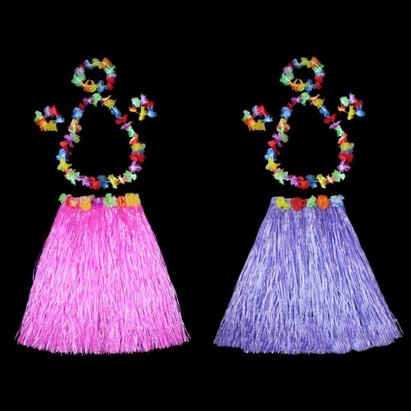 Hawaiian Hulas Grass Skirt with Flower Costume Outfits Set Necklace Headband Bracelet for Luaus Tropical Beach Party Decor