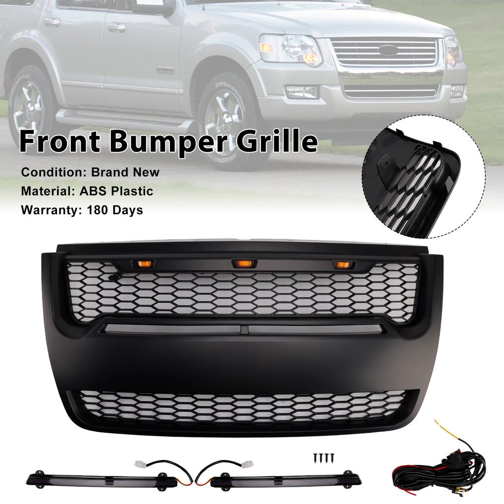 Black Front Upper Bumper Grill Grille Fit Ford Explorer 2006-2010 With Light