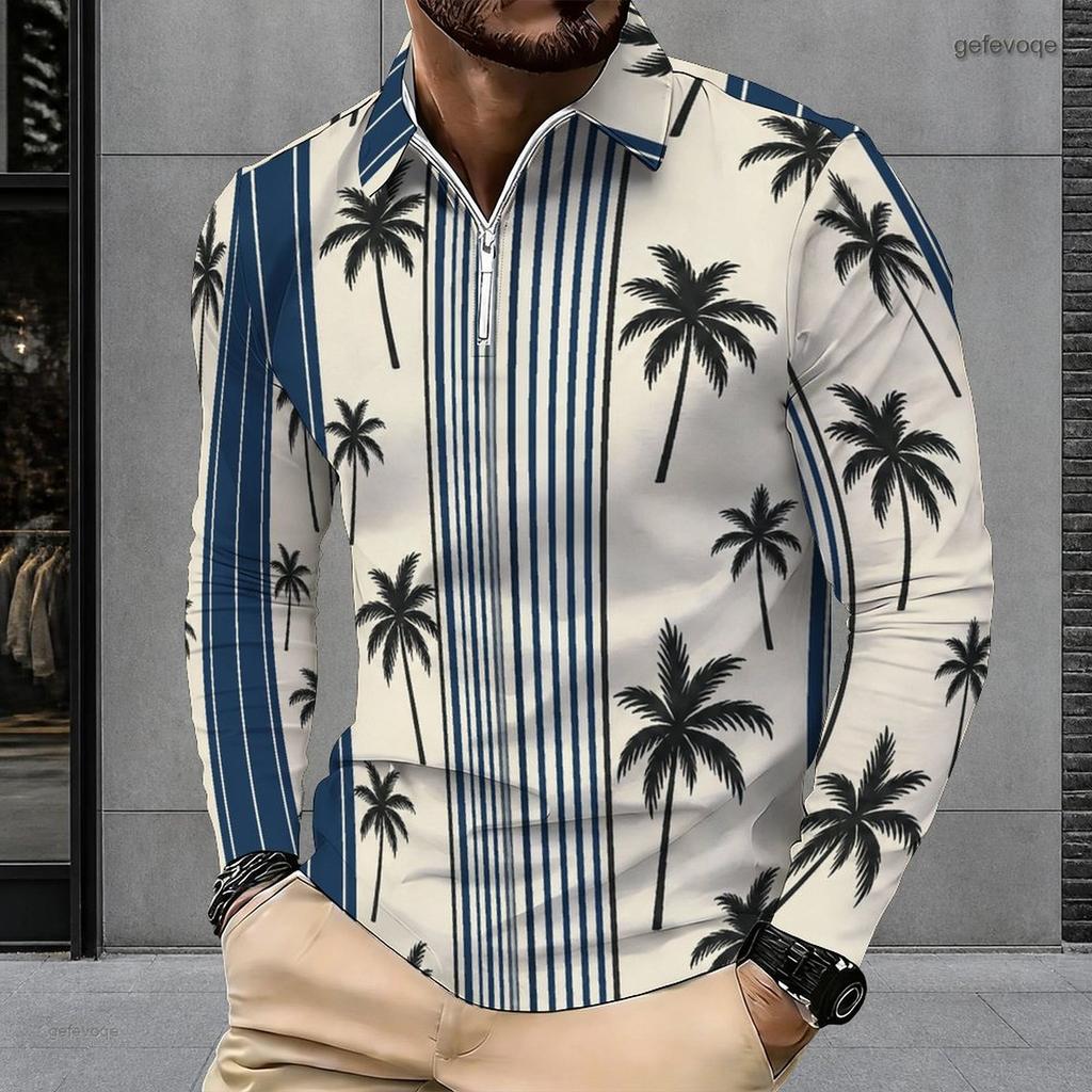 Men s Plus Size Long Sleeve Quarter Zip Collared Polo Shirt Striped Palm Tree Print Beige Navy Blue