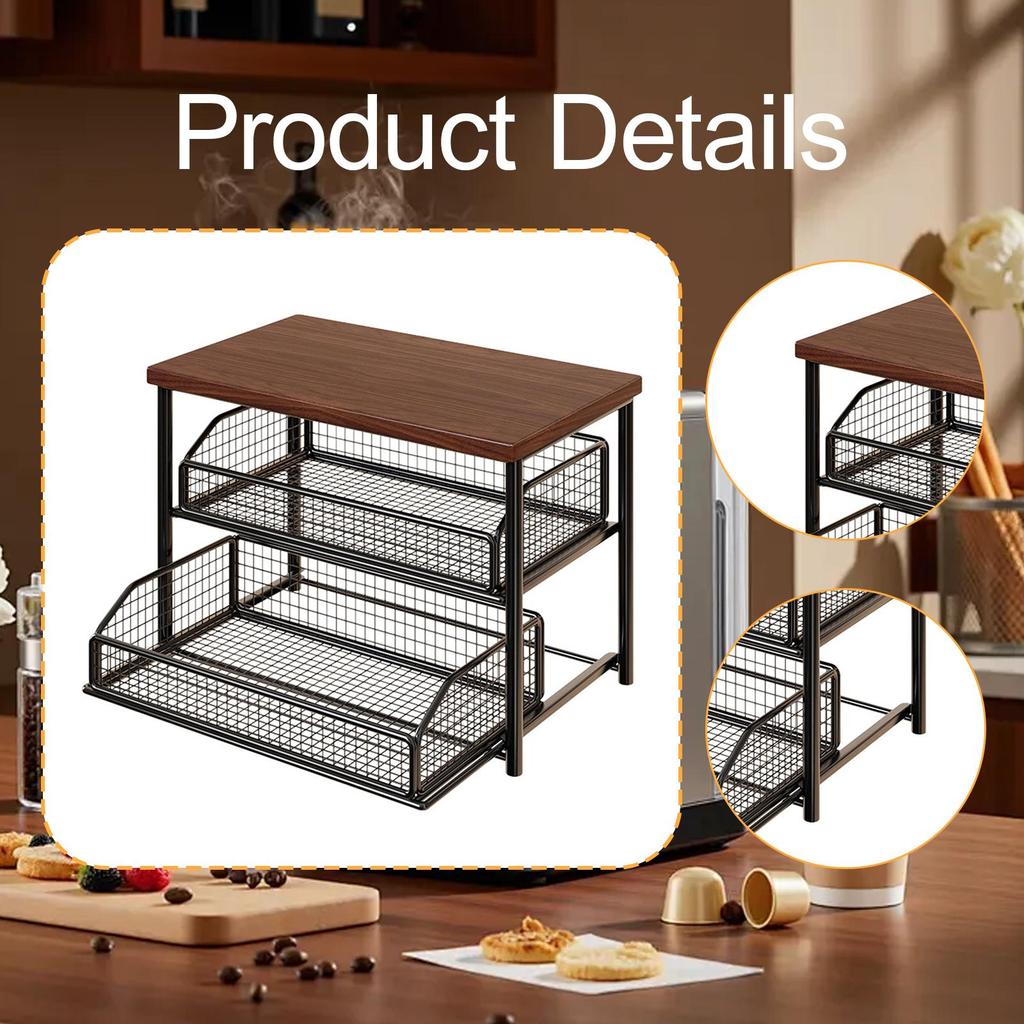 Coffee Counter Shelf Iron Wood Organizer Stand with Pull Out Drawer for Kitchen Condiment Bottle Storage Rack