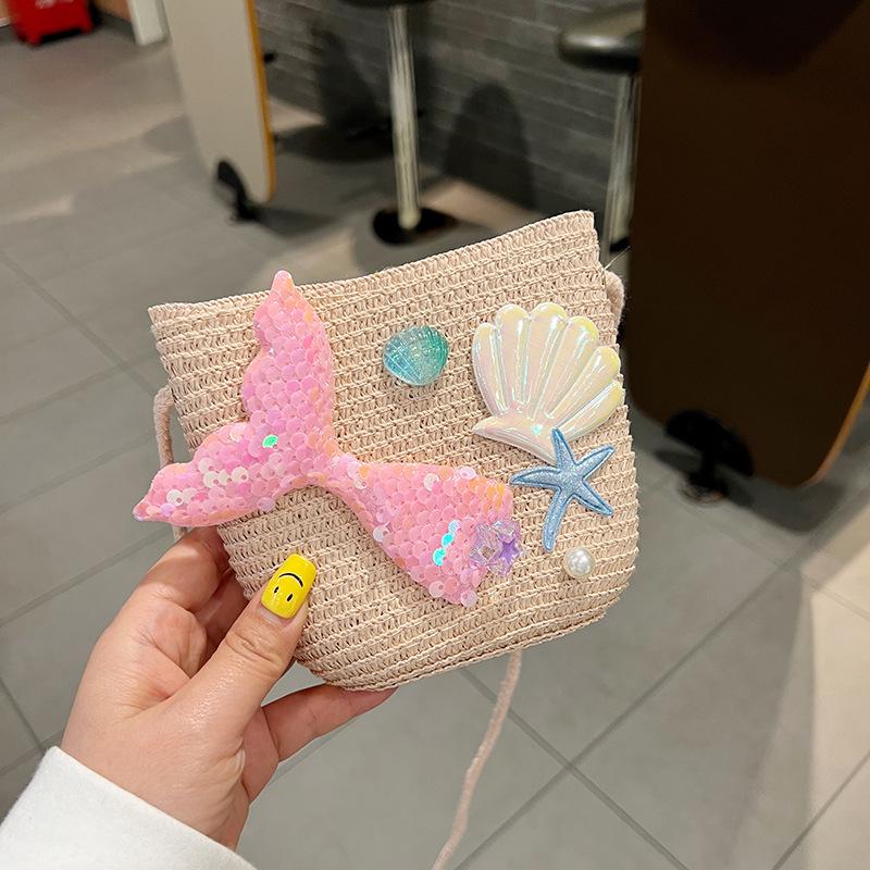 Children‘s Cute Crossbody Bag Rattan Straw Shoulder Bag Boho Beach Woven Handbag Purse Leather Messenger Bag