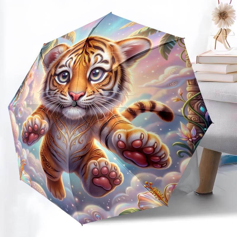 1pc Sturdy 8-Bone Auto Umbrella, Stylish Tiger Umbrella, Digital Printed, Foldable Umbrella for On-the-Go Outdoor Use