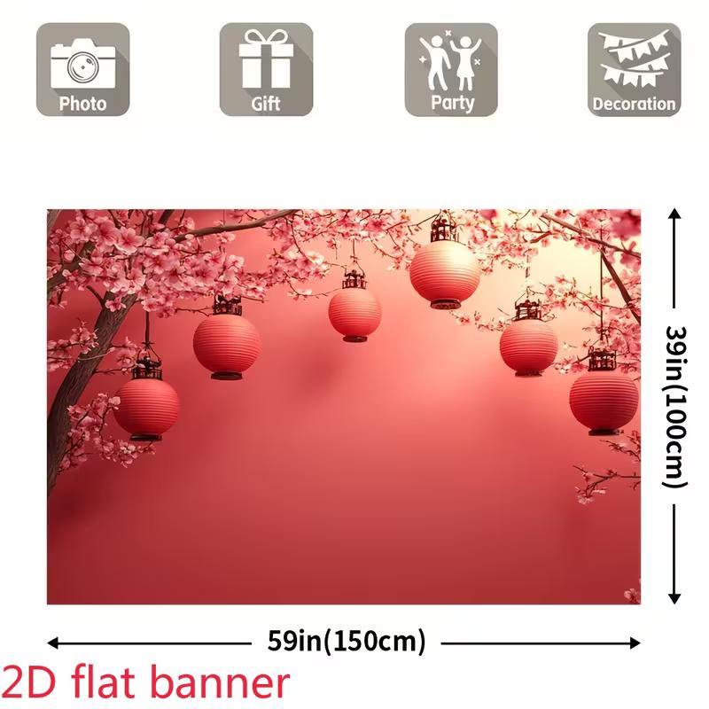2D Red Oriental Backdrop with Cherry Blossoms and Lanterns for Lunar New Year Celebration