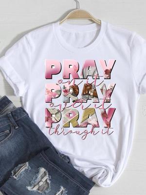 (Asiatisk storlek) T-tröjor för kvinnor Casual Blomma Blommor Letter Trend Söt Kortärmad Modetryck Dam T-shirt Grafiska T-shirts för kvinnor